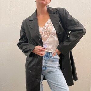 Vintage 90's Black 100% Lambskin Leather Button Up Blazer Trench Jacket
